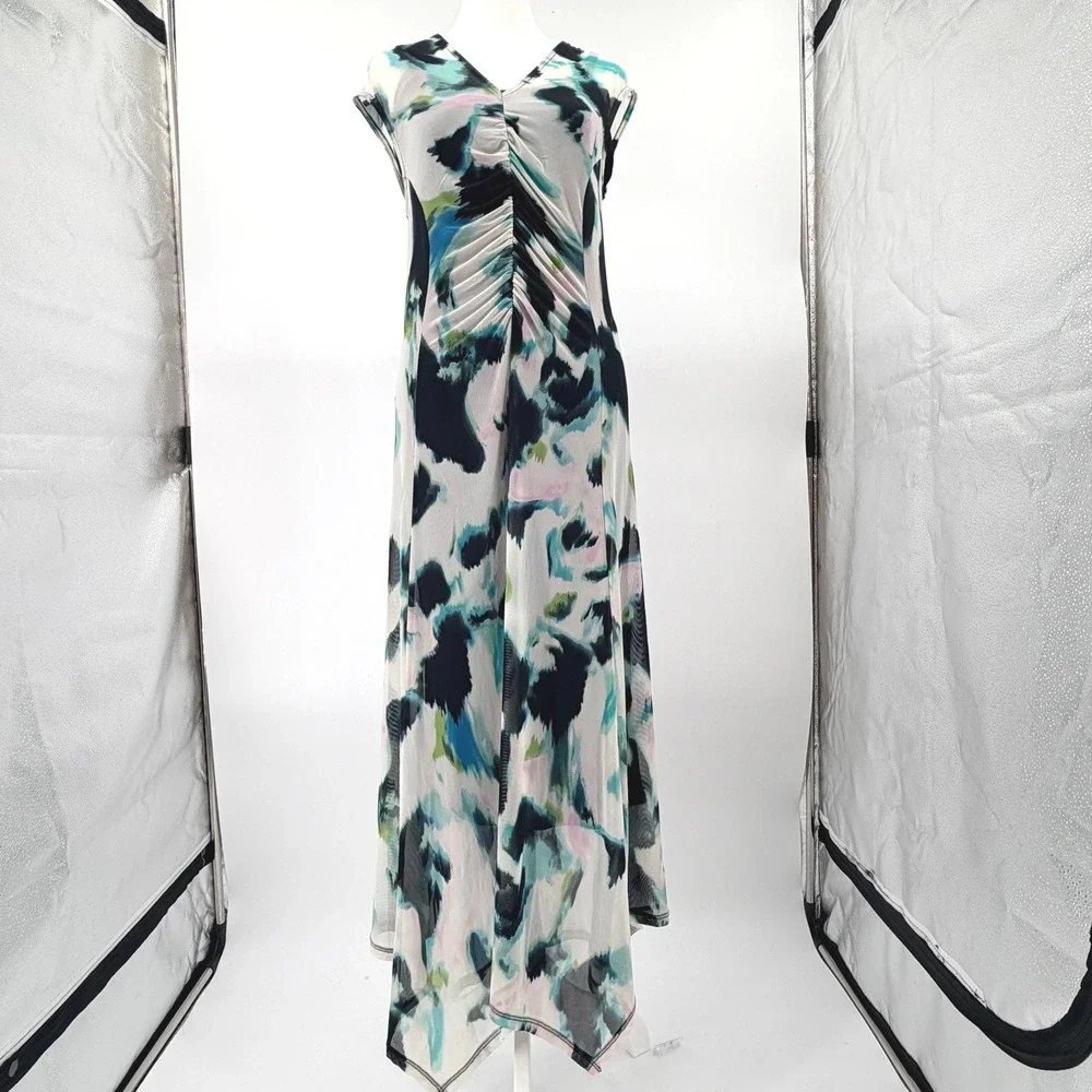 INC Abstract Print V Neck Ruched Midi Dress Women's Small NWT Y2K Fairy